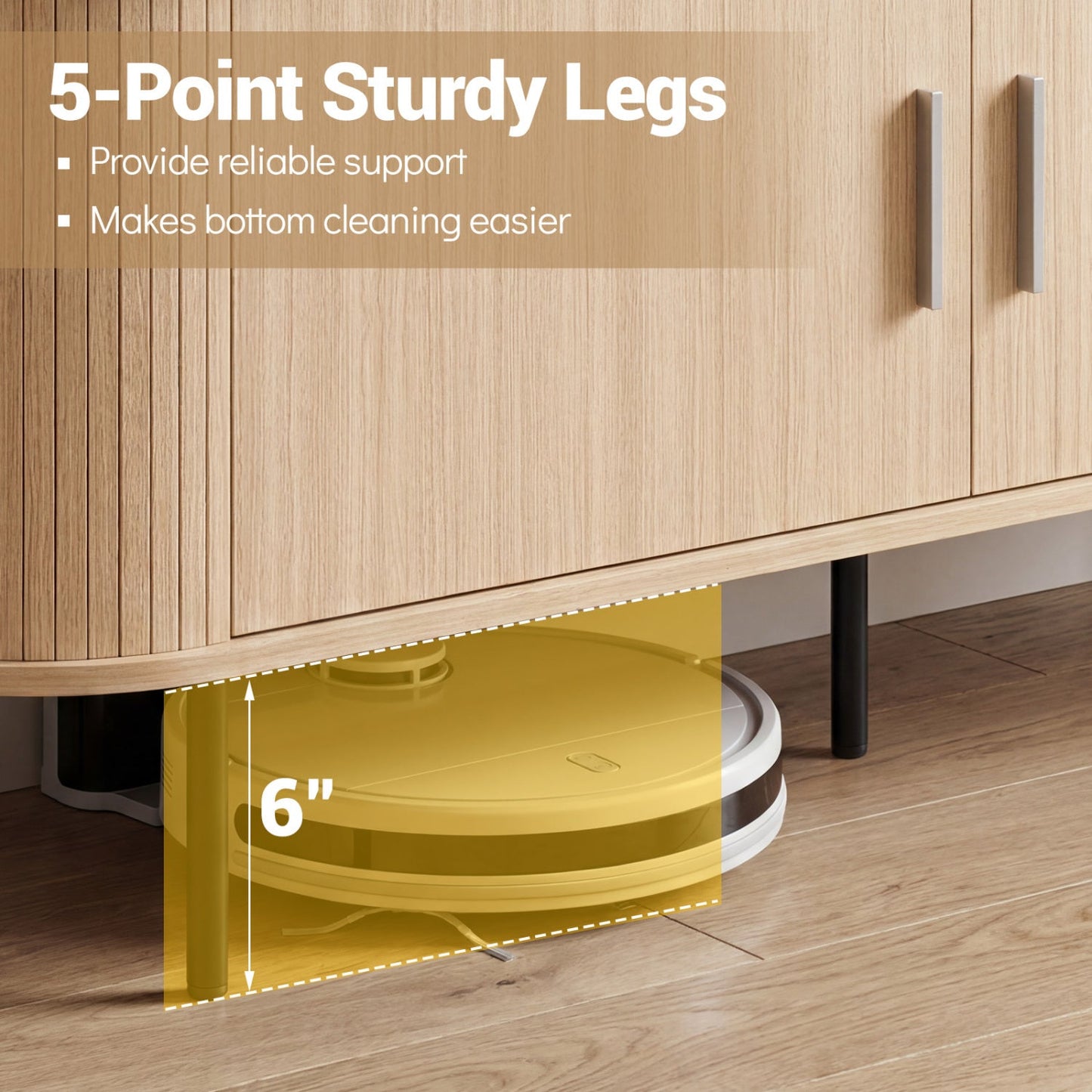 Fluted mid-century TV stand in light oak for 60-inch TVs with curved front and black legs on Tampa Home & Garden Store