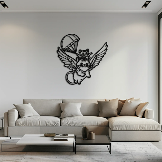 Flying Cats with Parachute metal wall art, black modern Enova Art sculpture for living room on Tampa Home & Garden Store