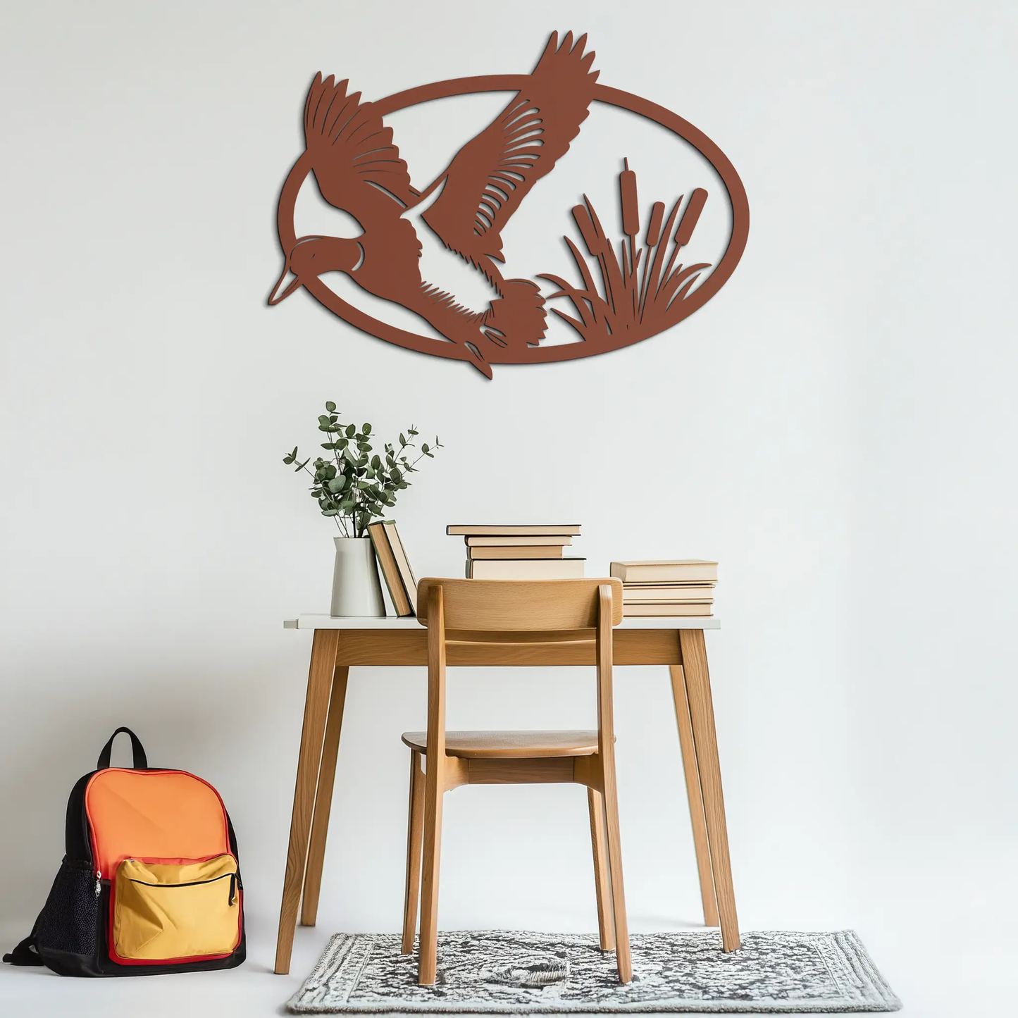 Flying Duck Steel Wall Art two ducks in flight with cattails inside a circular frame on Tampa Home & Garden Store