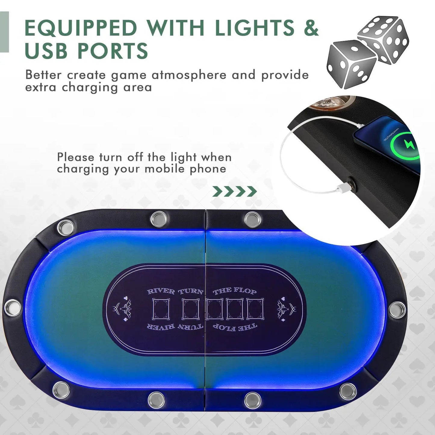 Foldable 10-Player Poker Table with LED edge lighting, blue glow and USB port DirectDeals on Tampa Home & Garden Store