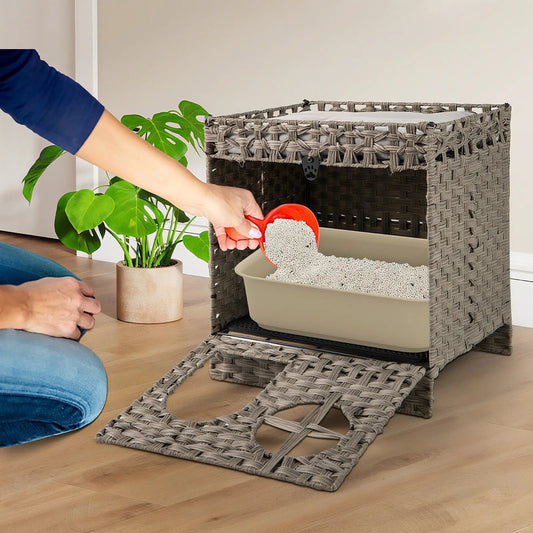 Foldable 2-Tier grey-woven rattan cat litter box enclosure with beige litter tray on Tampa Home & Garden Store