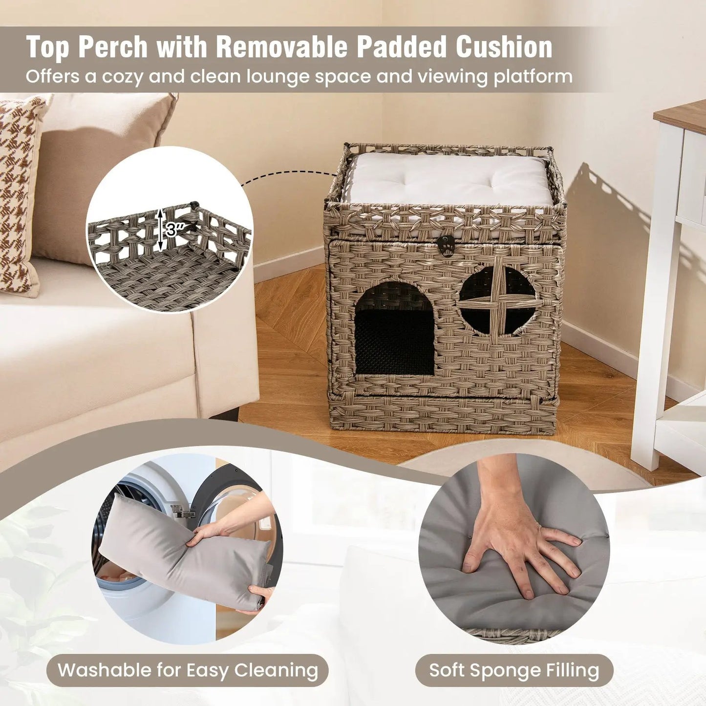 Foldable 2-Tier Rattan Cat Litter Box Enclosure grey DirectDeals Cat Condos & Houses on Tampa Home & Garden Store