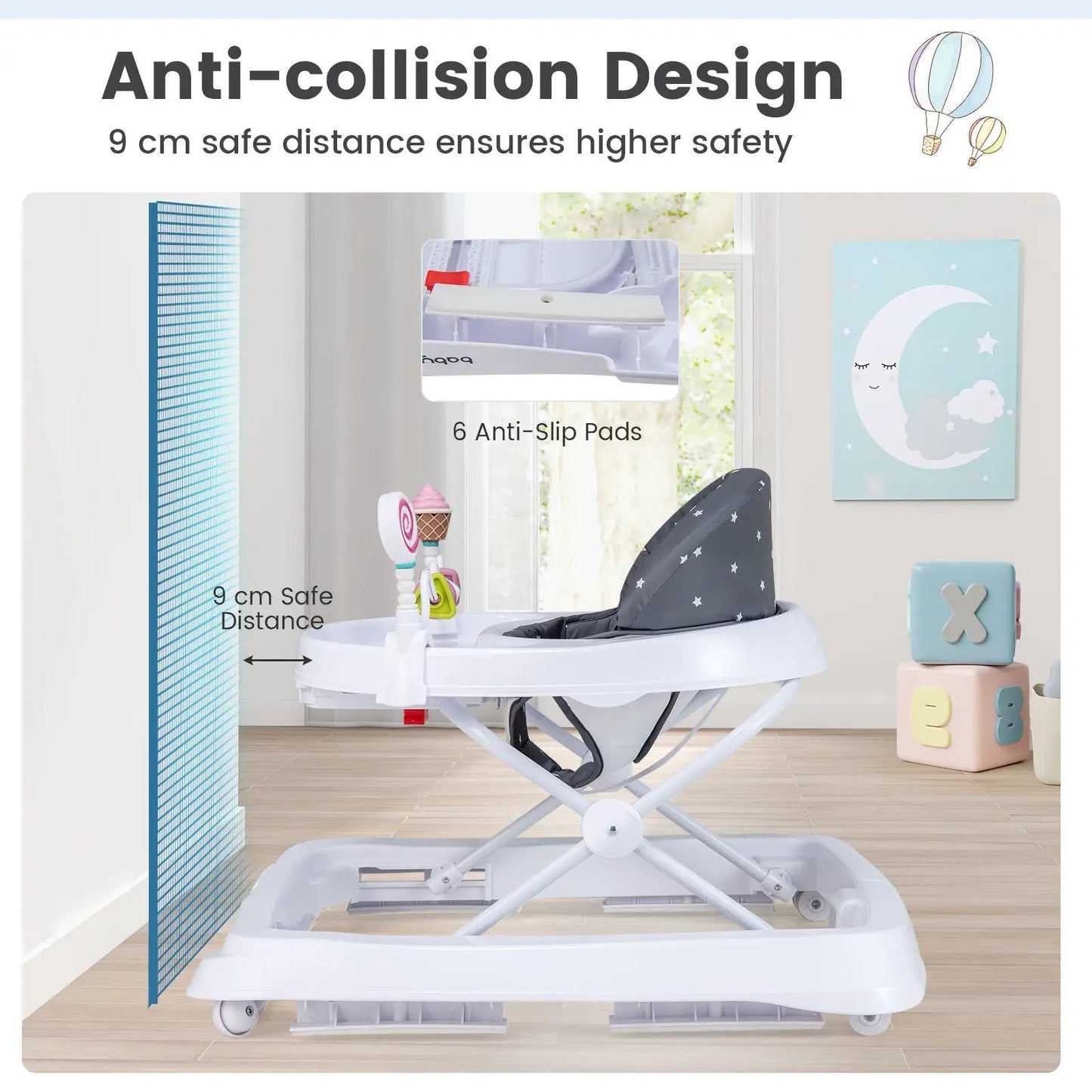 Foldable baby activity walker with detachable star-pattern seat cushion and white frame on Tampa Home & Garden Store