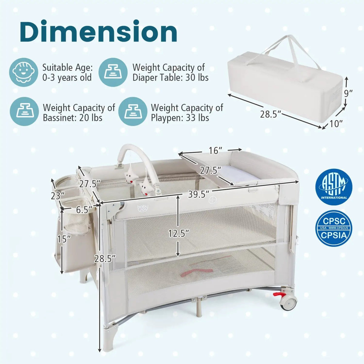 Foldable baby bassinet with mesh sides and arched toy bar, light gray frame, adjustable height on Tampa Home & Garden Store