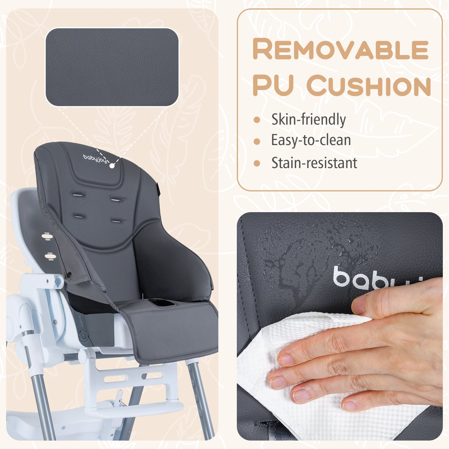 Foldable baby high chair with adjustable height and removable grey PU cushion DirectDeals two views on Tampa Home & Garden Store