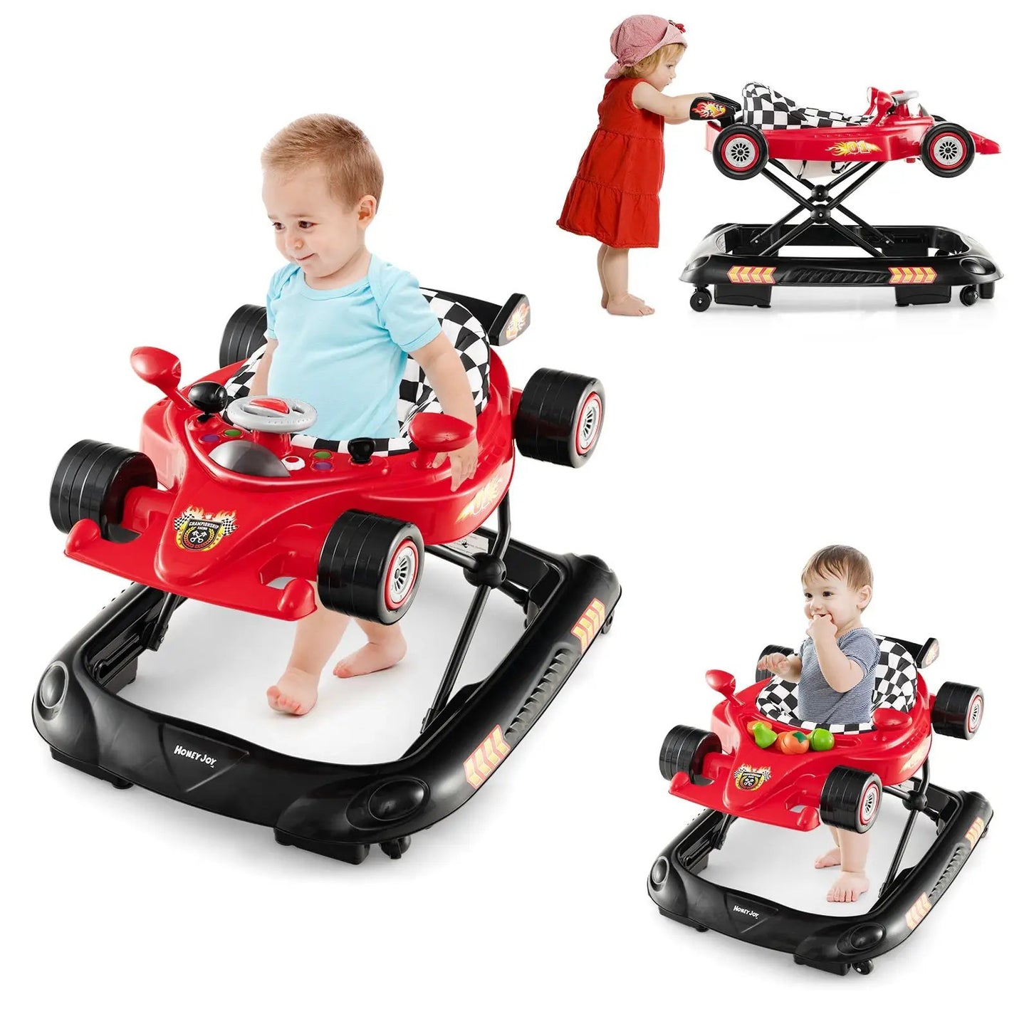 Convertible Baby Walker red race-car style with 3 adjustable heights, Honey Joy base on Tampa Home & Garden Store