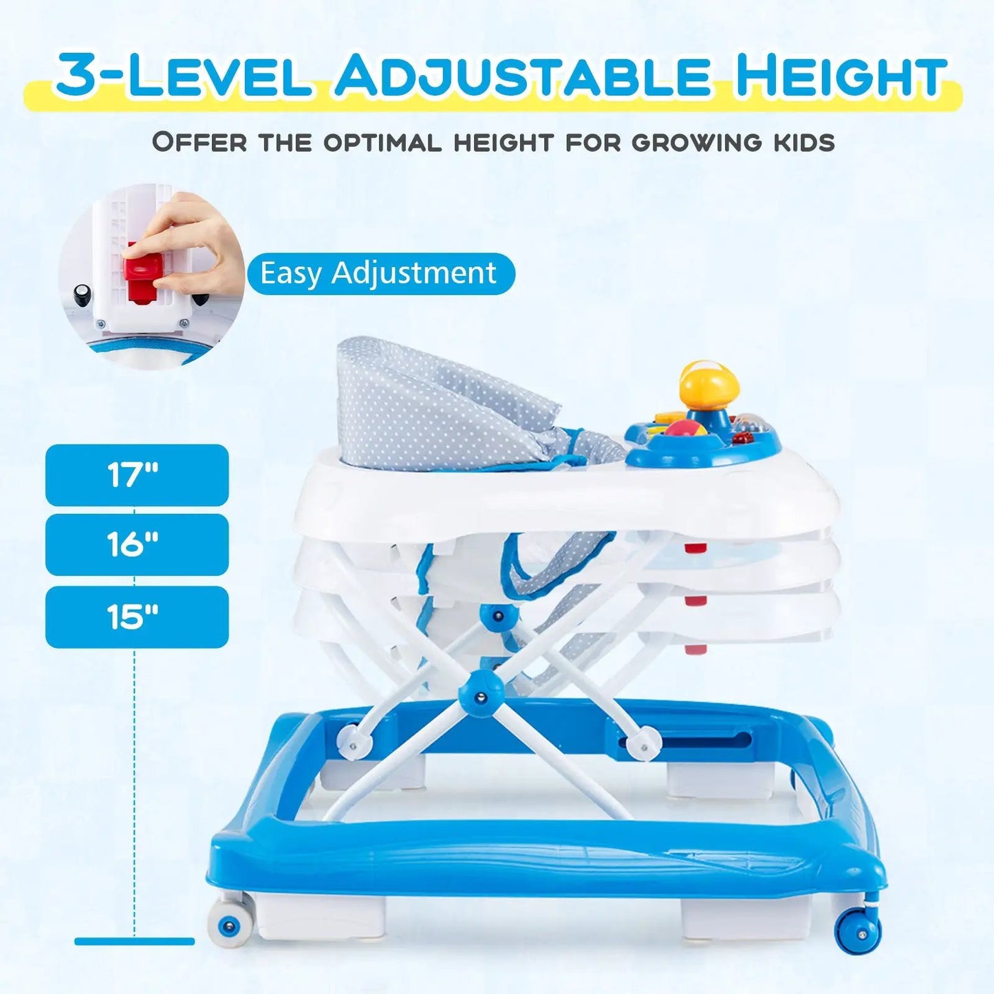 Foldable baby walker blue white 3-level height adjustment, DirectDeals on Tampa Home & Garden Store