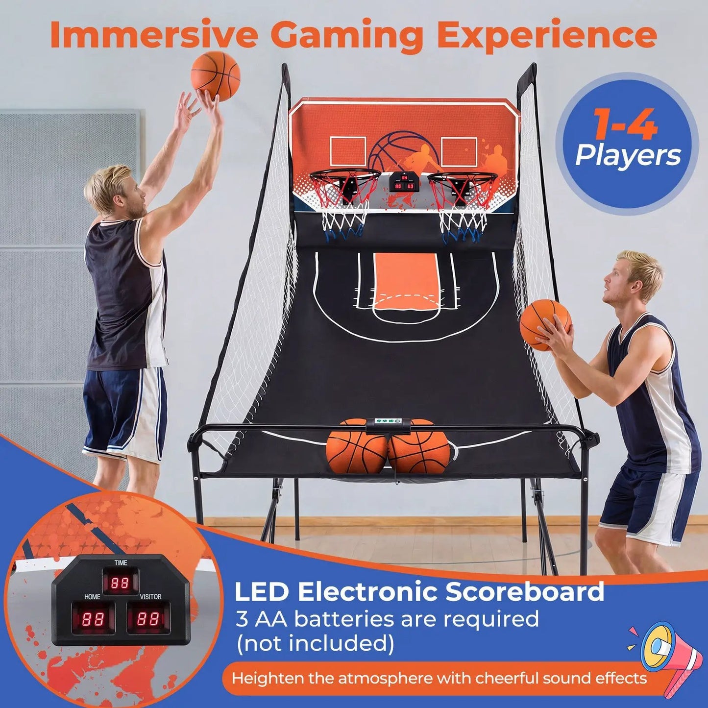 Foldable basketball arcade game with dual hoops and LED scoreboard orange/blue for 1-4 players on Tampa Home & Garden Store