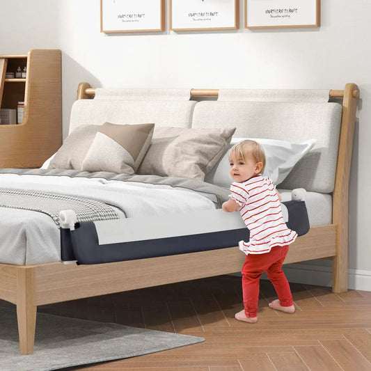 60-Inch foldable bed rail guard with swing-down design in navy fabric for toddler safety on Tampa Home & Garden Store