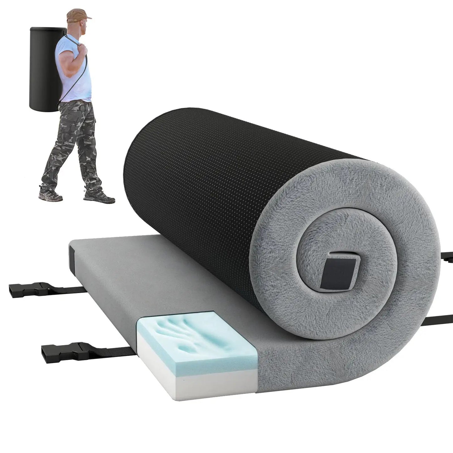 Foldable Camping Mattress with anti-slip bottom, black textured cover and grey rolled ends on Tampa Home & Garden Store