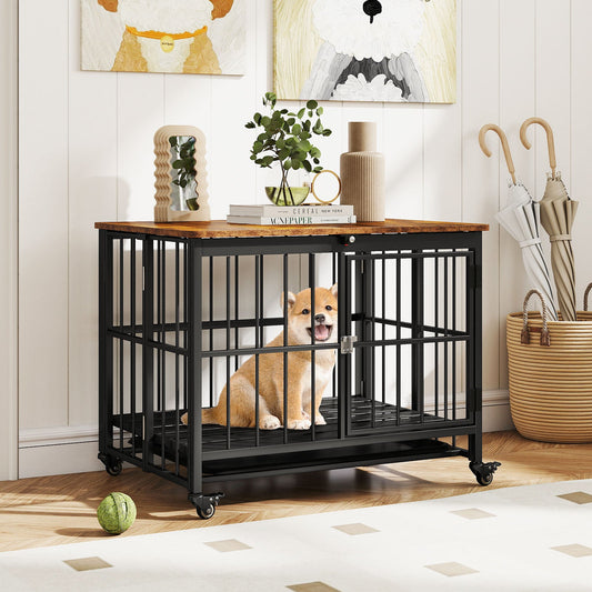 Foldable Dog Crate Furniture with Removable Tray and Lockable Door - Tampa Home & Garden Store