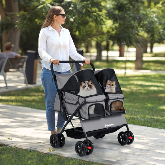 Foldable Double Pet Stroller with Adjustable Sunshade and Storage Basket - Tampa Home & Garden Store
