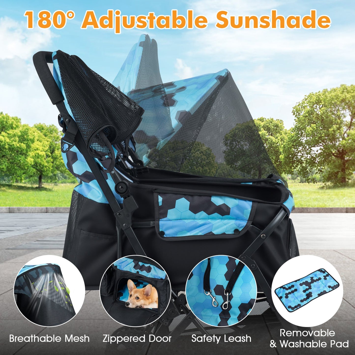 Foldable Double Pet Stroller with Sunshade in blue hex camo, breathable mesh by DirectDeals on Tampa Home & Garden Store