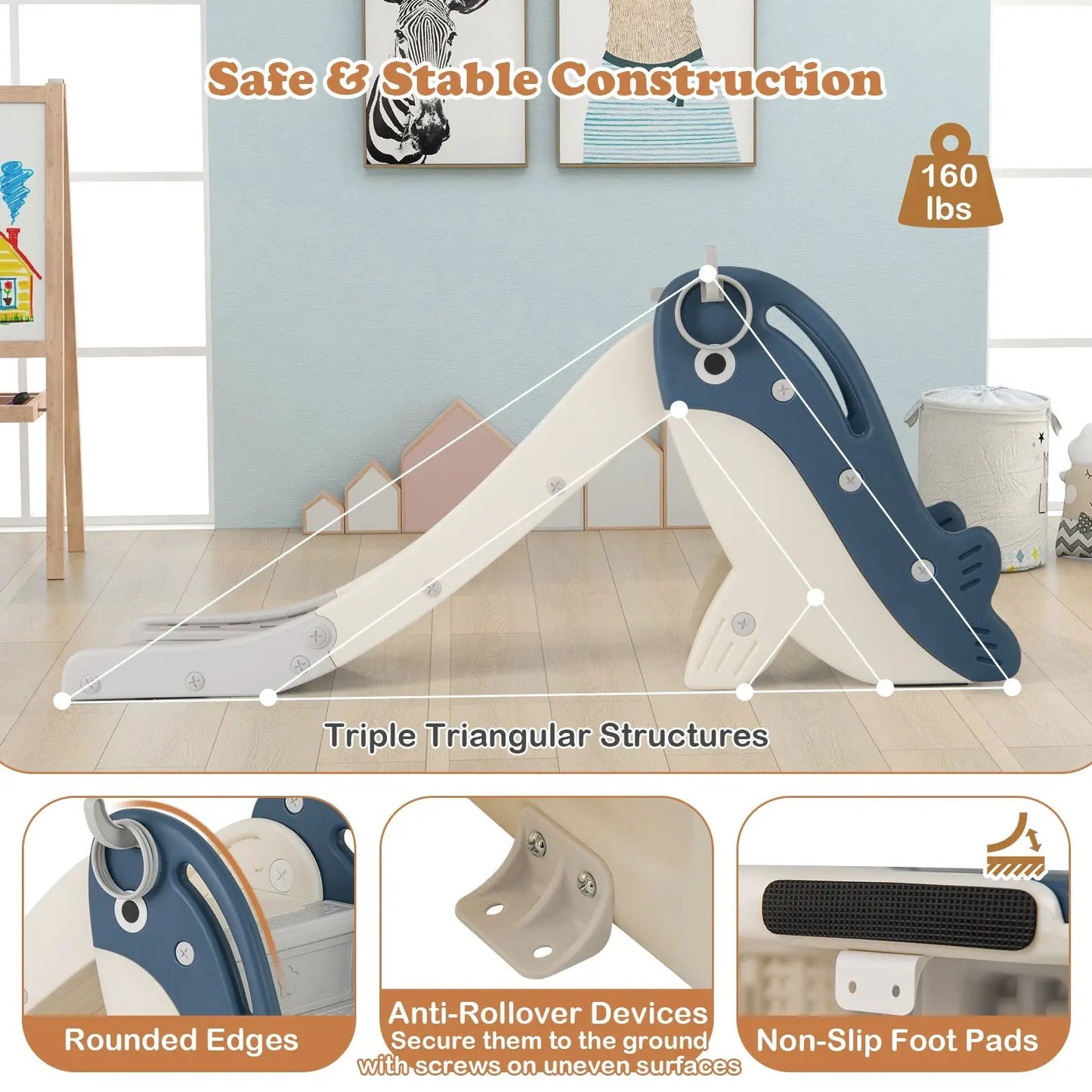 Foldable baby slide climber playset with blue and white frame and basketball hoop DirectDeals on Tampa Home & Garden Store