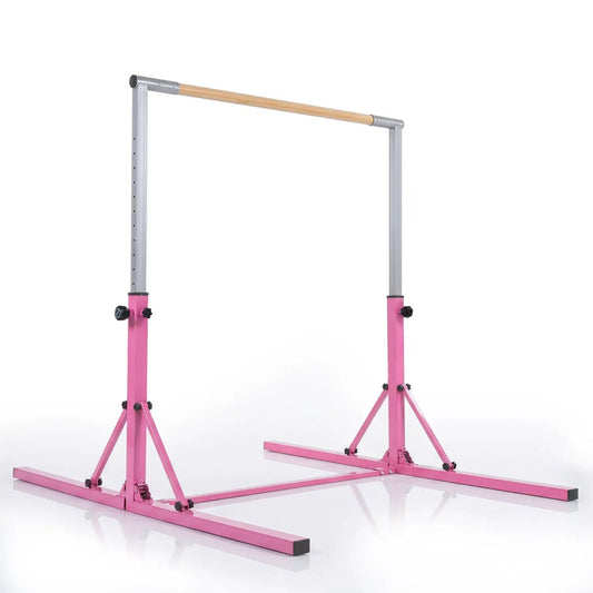 Adjustable Gymnastics Bar for Kids Ages 3+ with pink steel frame and wooden bar on Tampa Home & Garden Store