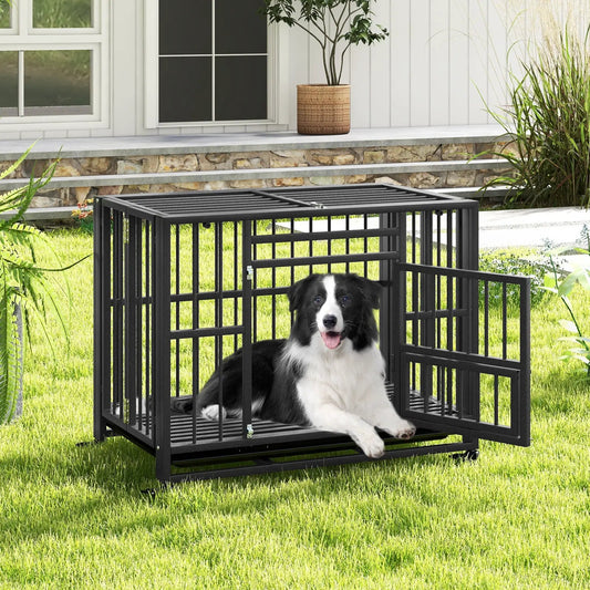 Foldable black metal dog crate with lockable wheels, dog inside crate outdoors on lawn on Tampa Home & Garden Store