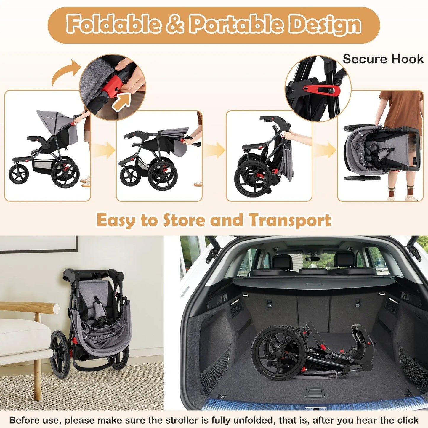 Foldable Jogging Stroller with Detachable Tray