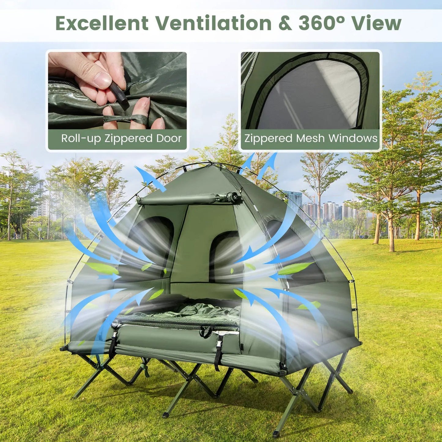 5-in-1 2-Person Folding Outdoor Tent Cot olive green with roll-up zippered door and mesh windows on Tampa Home & Garden Store