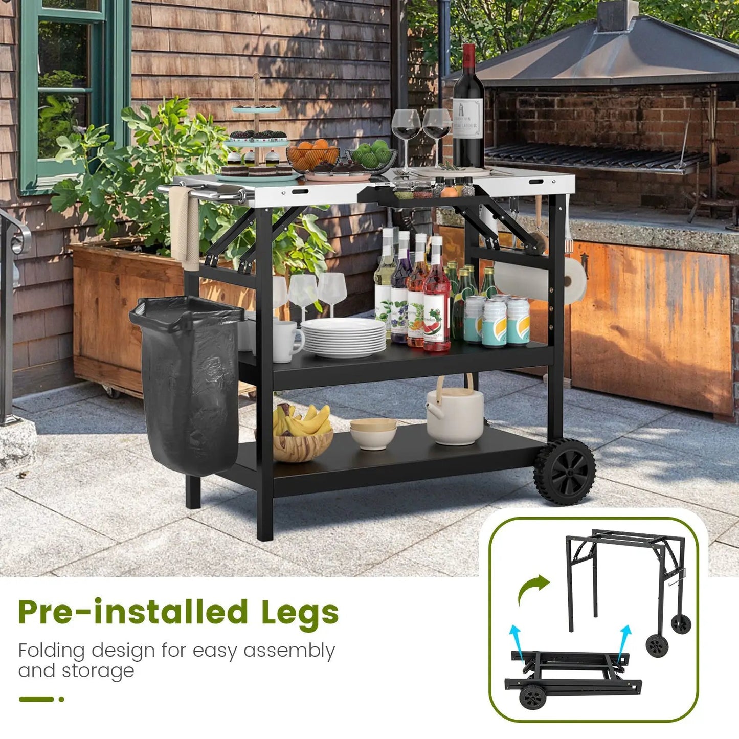 3-Tier Foldable Outdoor Cart with Phone Holder, black metal frame, white top, wheels on Tampa Home & Garden Store