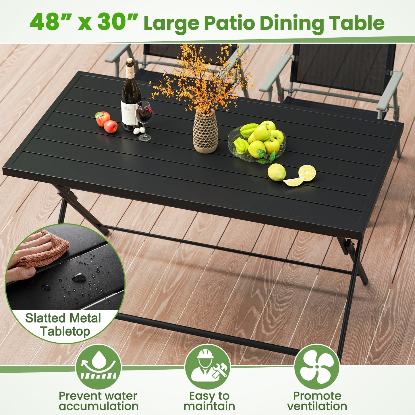 Foldable outdoor 48 in rectangular dining table with black slatted metal top on a wood deck on Tampa Home & Garden Store