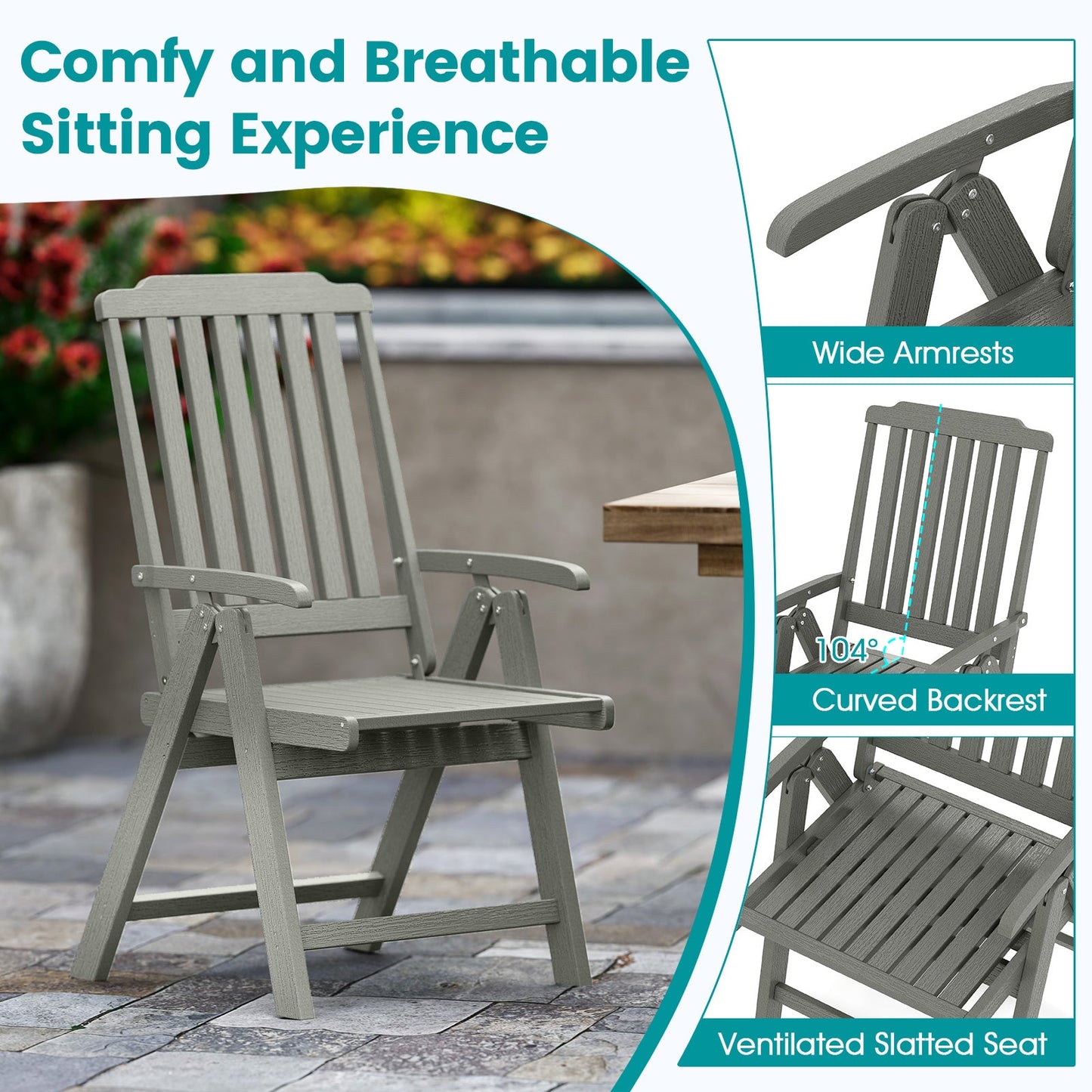 DirectDeals foldable HDPE patio chair, gray all-weather with wide armrests and curved back on Tampa Home & Garden Store