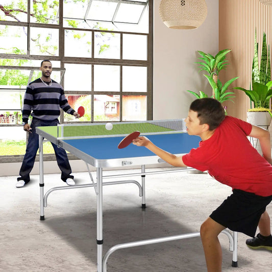 Foldable ping pong table set with blue surface, adjustable height, and two players on Tampa Home & Garden Store