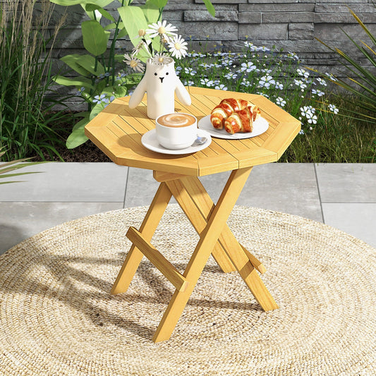 Teak Wood Octagon Coffee Table with X-shaped Legs and Slatted Tabletop - Tampa Home & Garden Store
