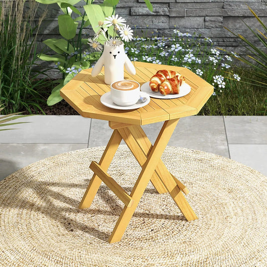 Teak Wood Octagon Coffee Table with X-shaped Legs and Slatted Tabletop - Tampa Home & Garden Store