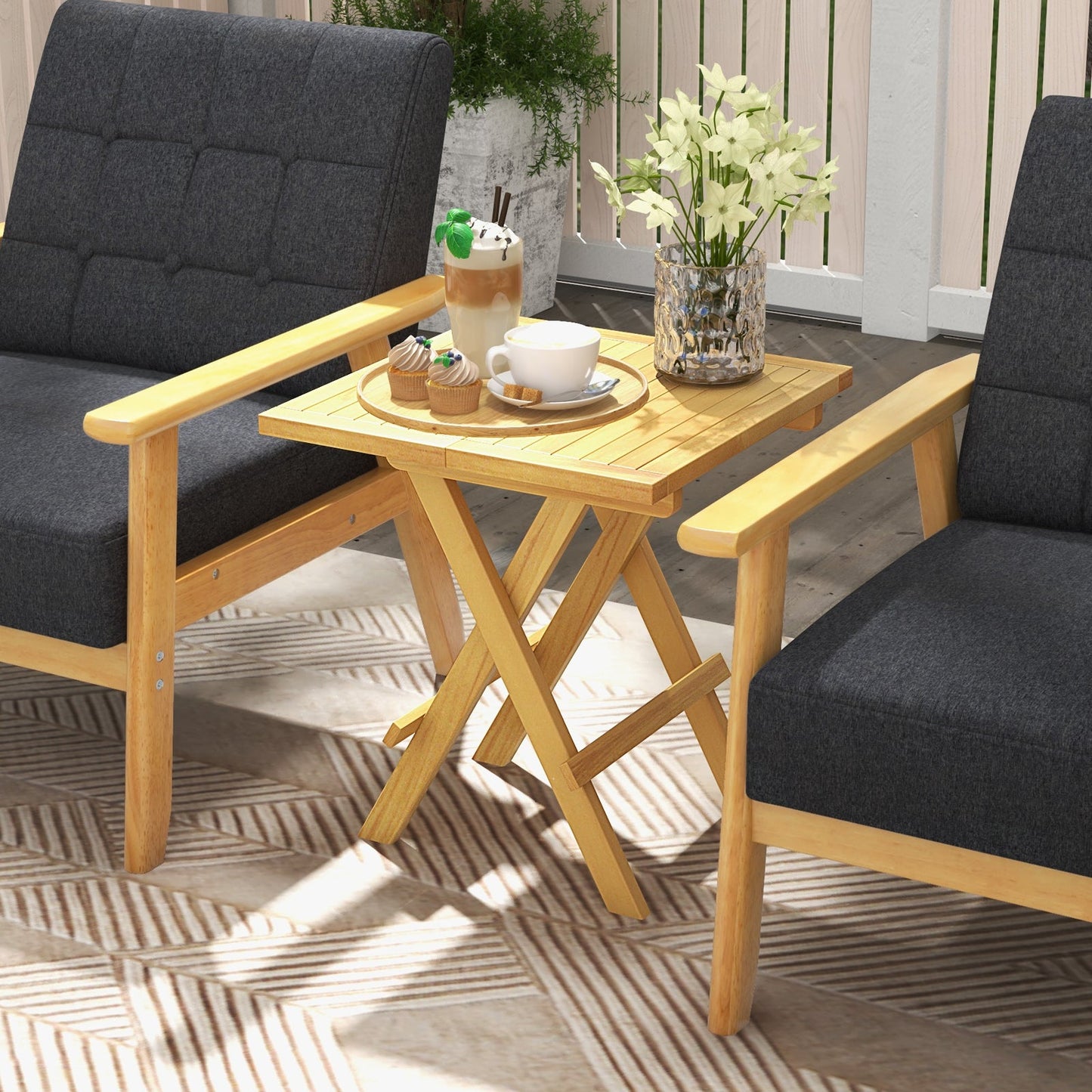 Mesa de centro cuadrada de madera de teca con patas en forma de X y tablero de listones