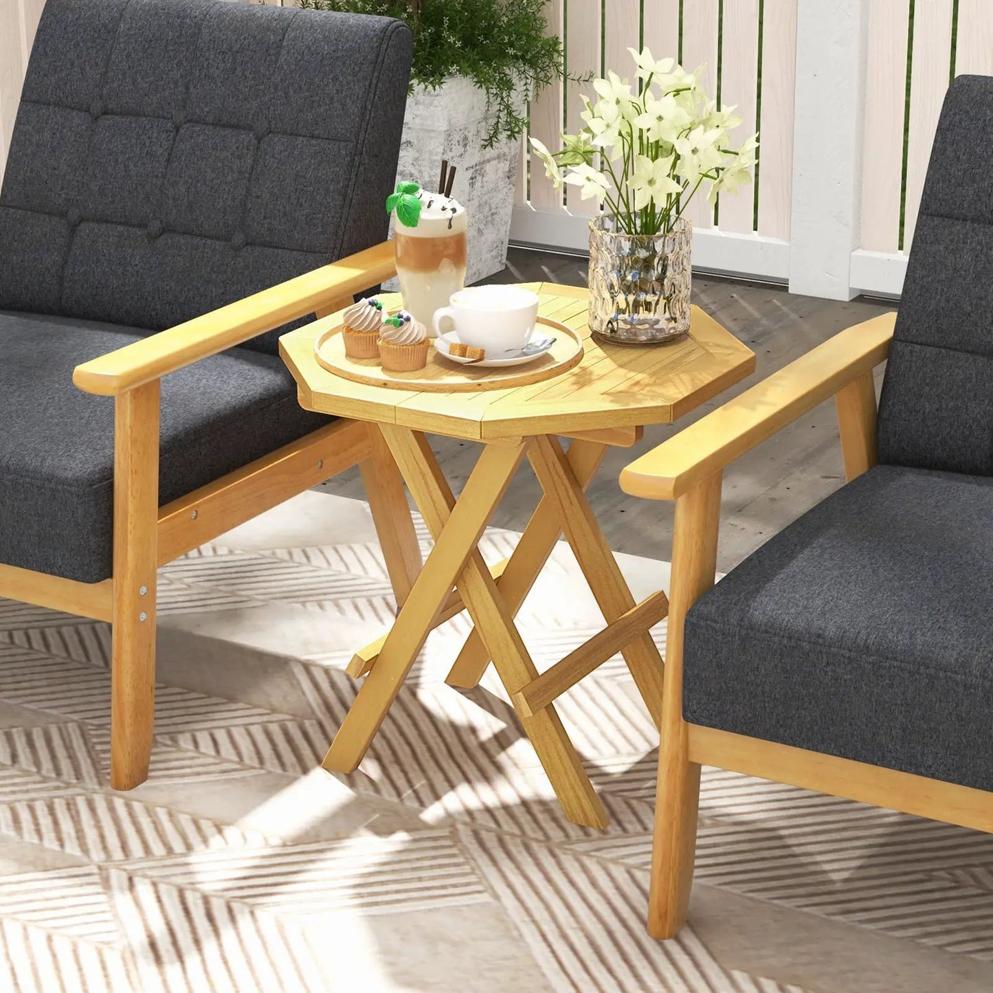 Teak Wood Octagon Coffee Table with X-shaped Legs and Slatted Tabletop - Tampa Home & Garden Store