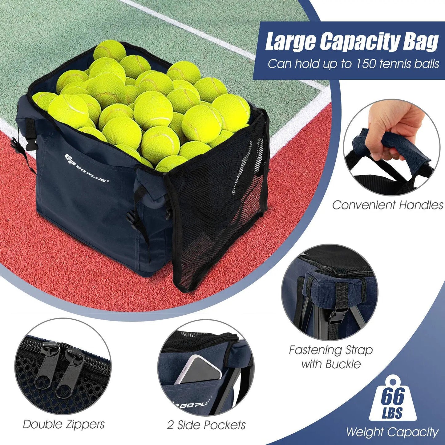 Lightweight foldable tennis ball cart with wheels in a navy GoPlus bag holding up to 150 balls on Tampa Home & Garden Store