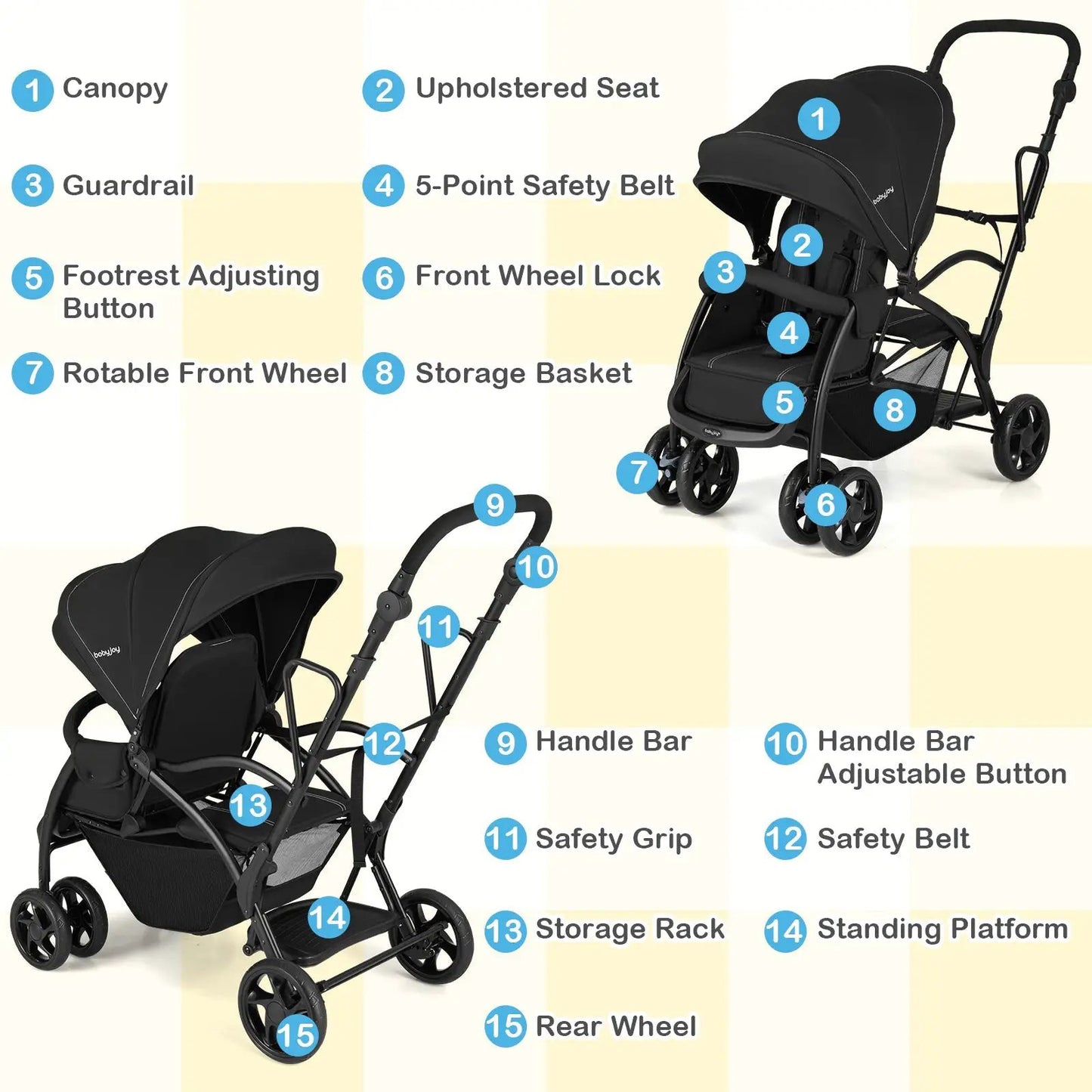 Foldable Twin Tandem Stroller Sit and Stand Black by DirectDeals, canopy storage basket on Tampa Home & Garden Store