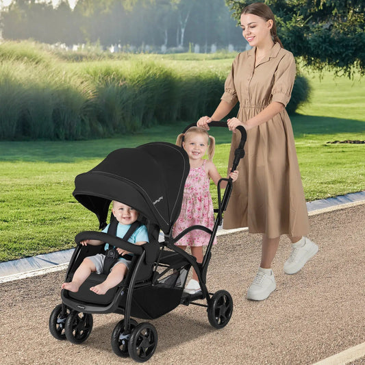 Foldable Twin Tandem Stroller Sit and Stand Black by DirectDeals stroller for two kids on Tampa Home & Garden Store