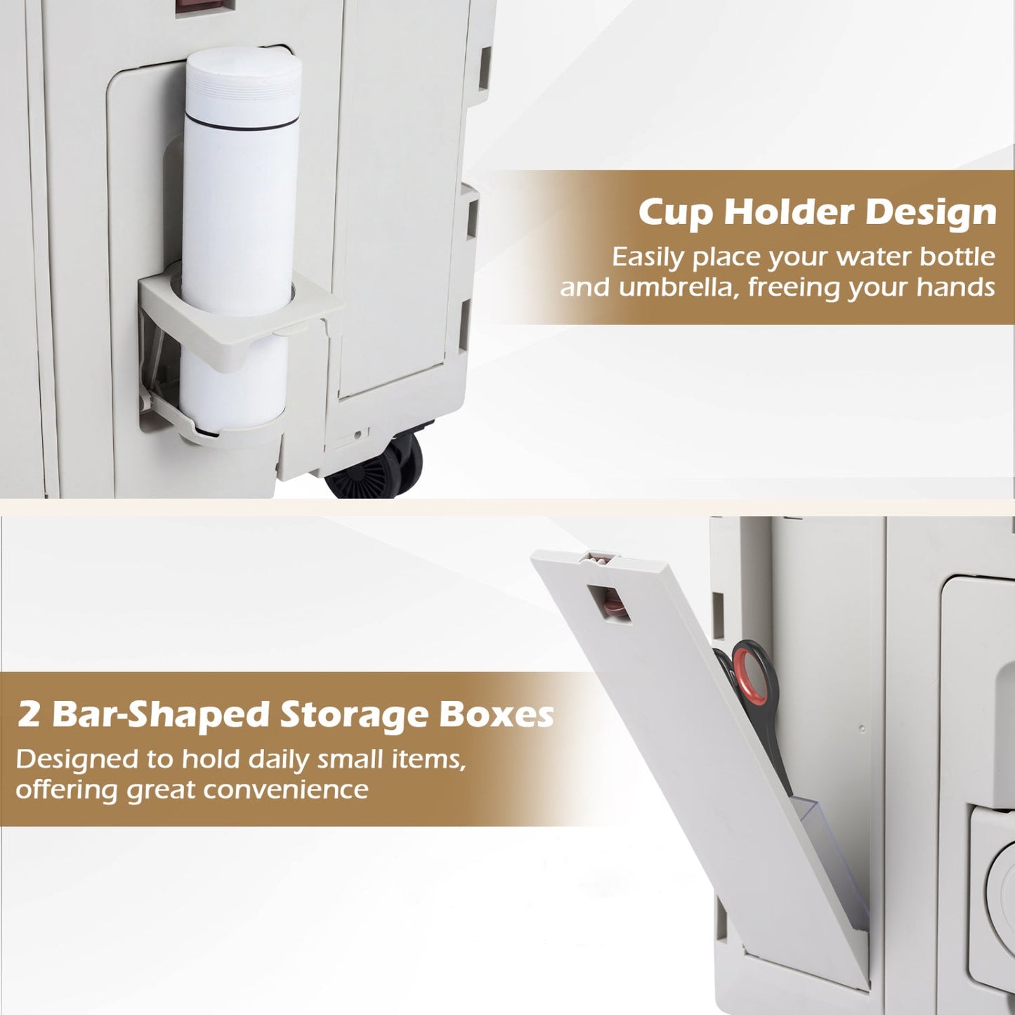 GemGear Foldable Utility Cart with 4 swivel wheels and cup holder, beige with bottle holder on Tampa Home & Garden Store