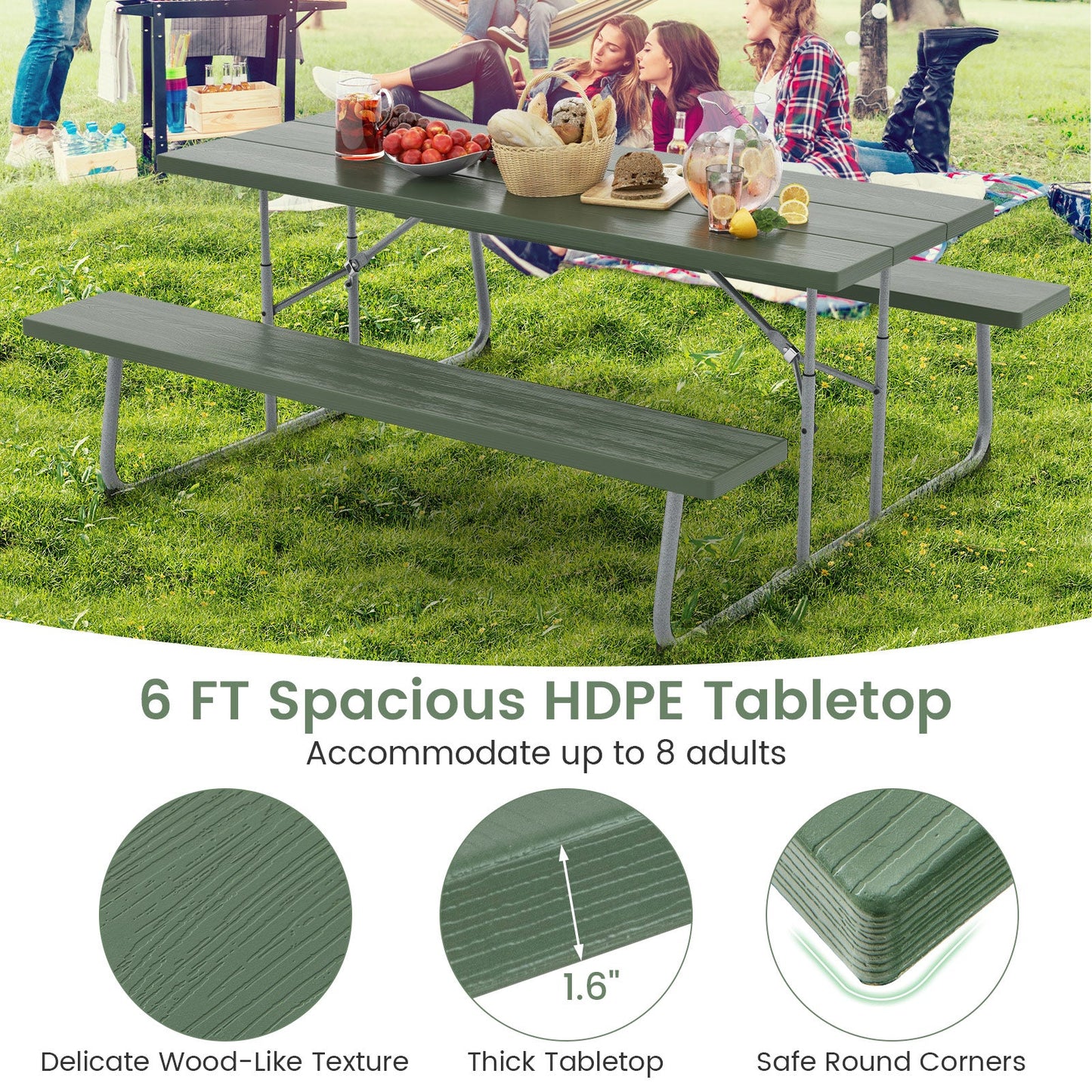 Folding Picnic Table Set with Metal Frame and All-Weather HDPE Tabletop Umbrella Hole-Green