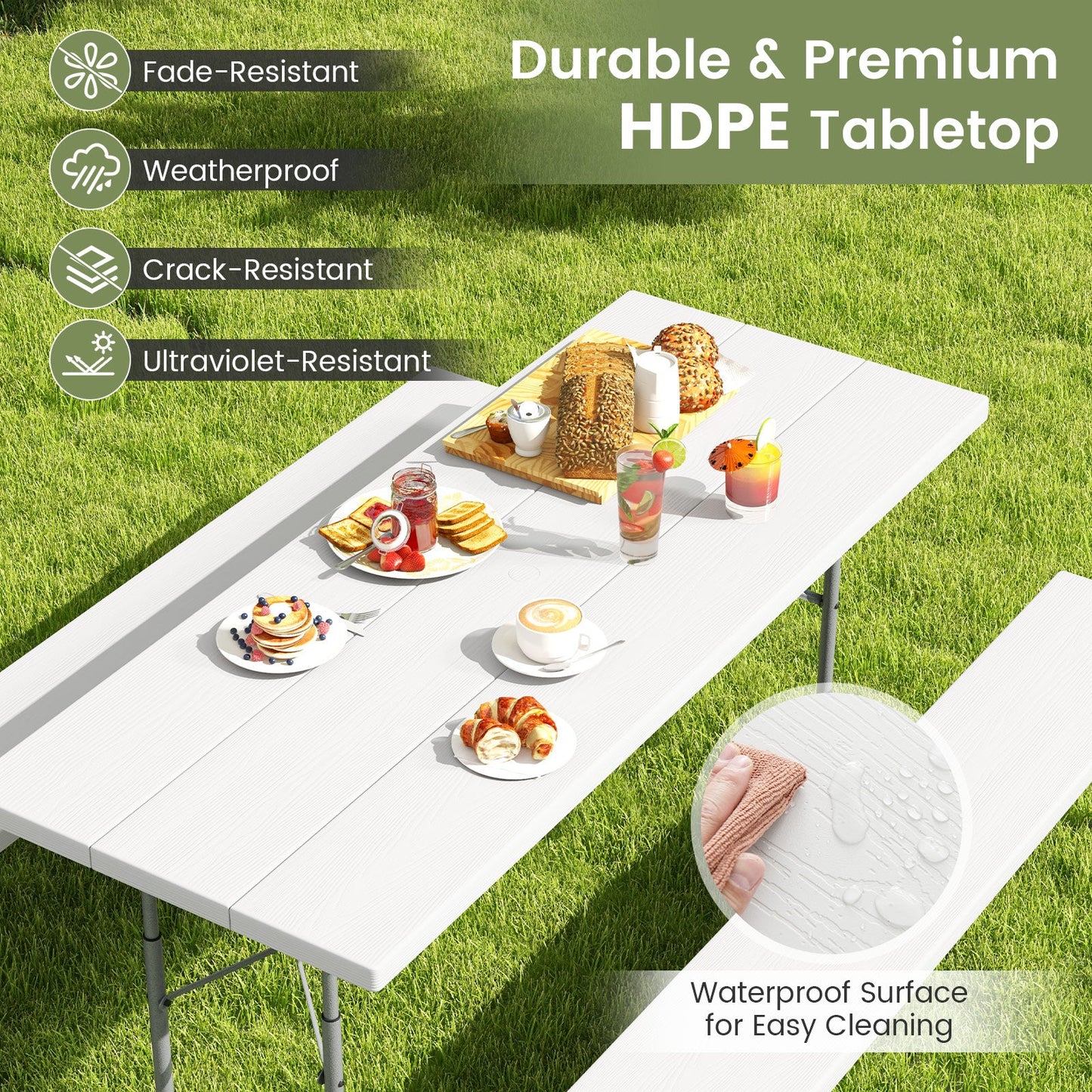Folding Picnic Table Set with Metal Frame and All-Weather HDPE Tabletop Umbrella Hole-White