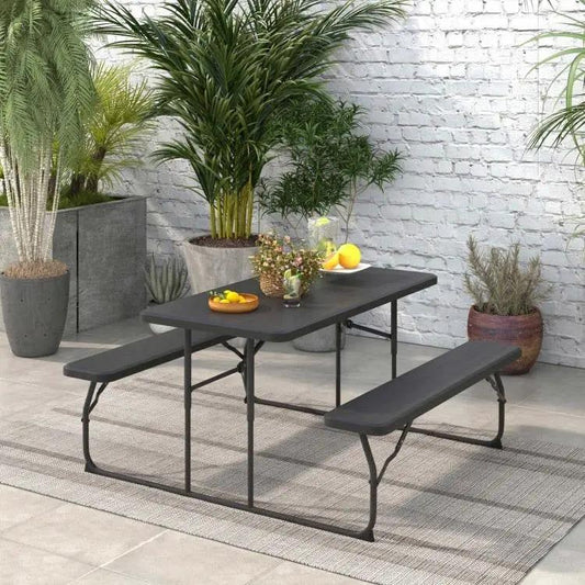 Folding Picnic Table with 2 Benches Outdoor Patio Dining Set in Black - Tampa Home & Garden Store