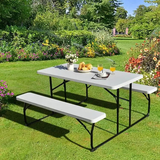 Folding White HDPE Picnic Table with 2 Benches Outdoor Patio Furniture Set - Tampa Home & Garden Store