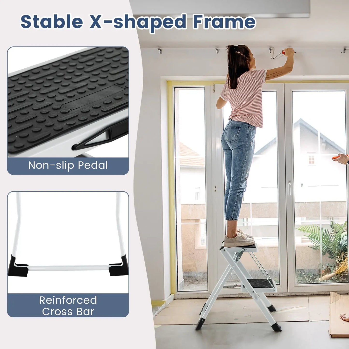 Folding 2 Step Ladder wiht Anti-Slip Pedal and Large Foot Pads-Black & White - Tampa Home & Garden Store
