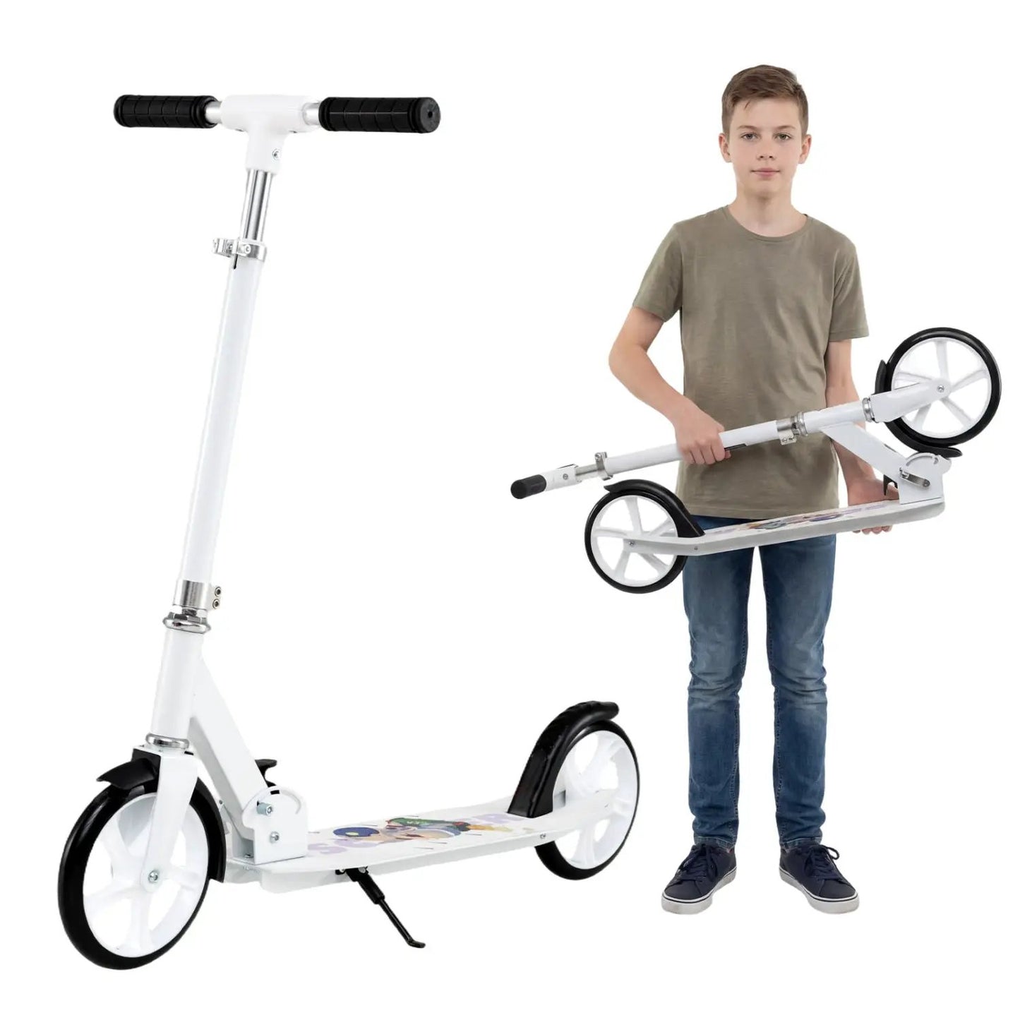 Folding aluminum scooter with adjustable-height handlebar and white frame, held by a boy on Tampa Home & Garden Store