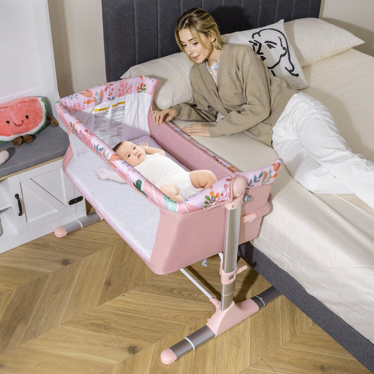 Folding Baby Bassinet Bedside Sleeper with 4 Adjustable Heights-Pink - Tampa Home & Garden Store