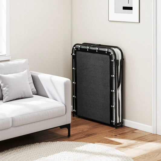 Folding Bed With Memory Foam Mattress, cot with black metal frame folded upright living room on Tampa Home & Garden Store