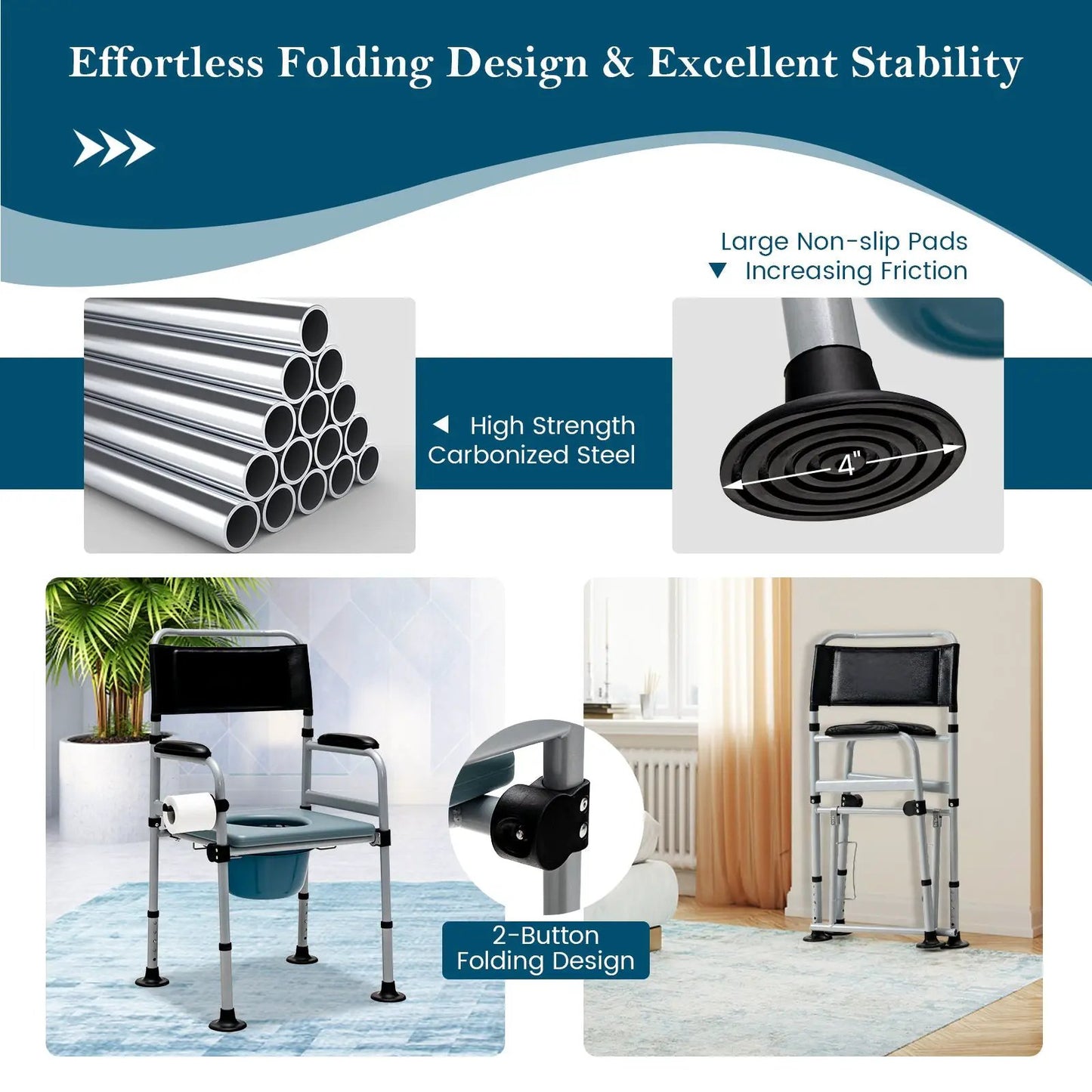DirectDeals folding bedside commode chair with detachable bucket, padded seat, steel frame on Tampa Home & Garden Store
