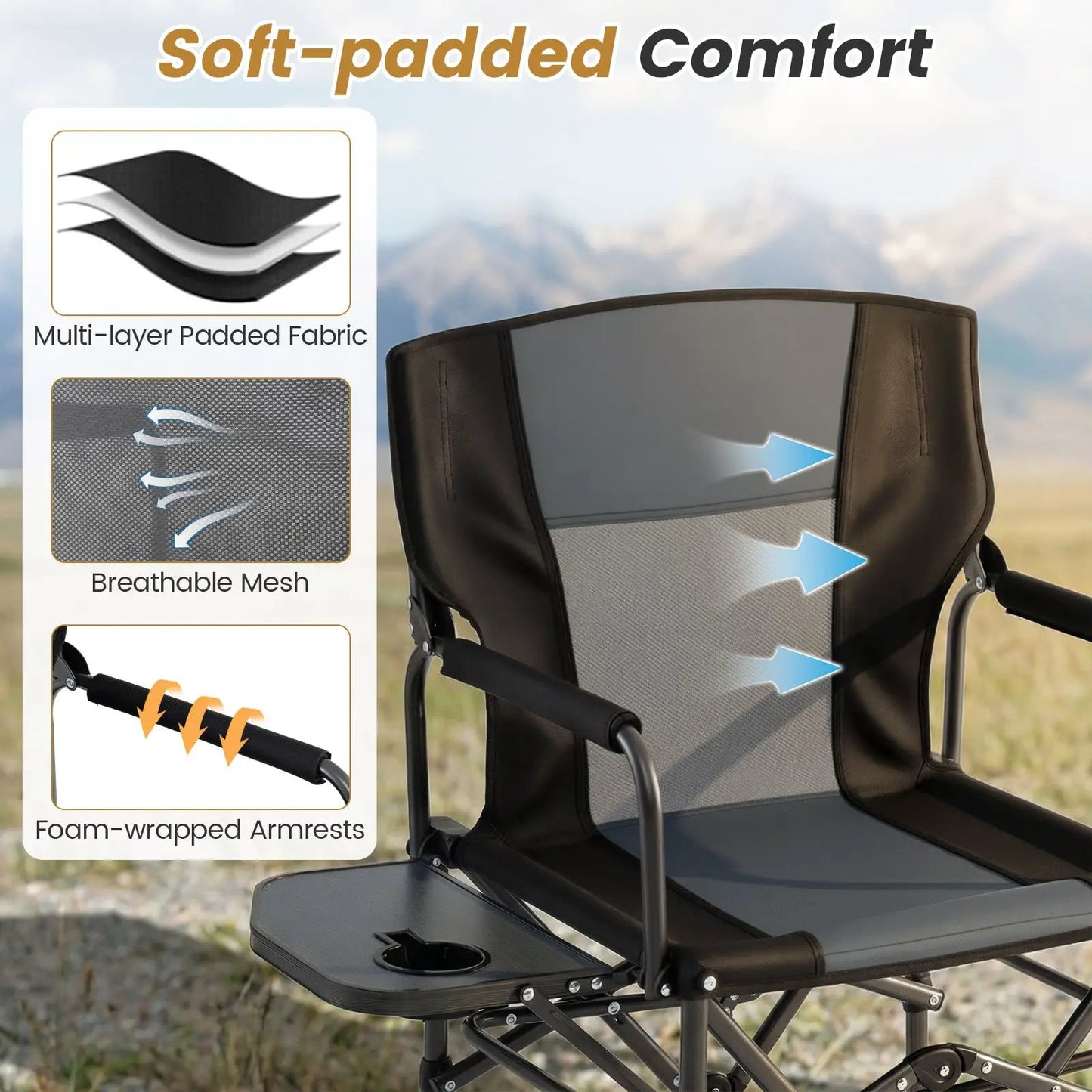 Folding camping chair with side table and cup holder, black fabric, foam-wrapped armrests on Tampa Home & Garden Store