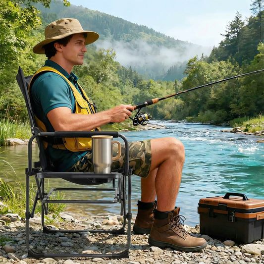 Folding camping chair with side table and cup holder, black frame, gray seat by the river on Tampa Home & Garden Store