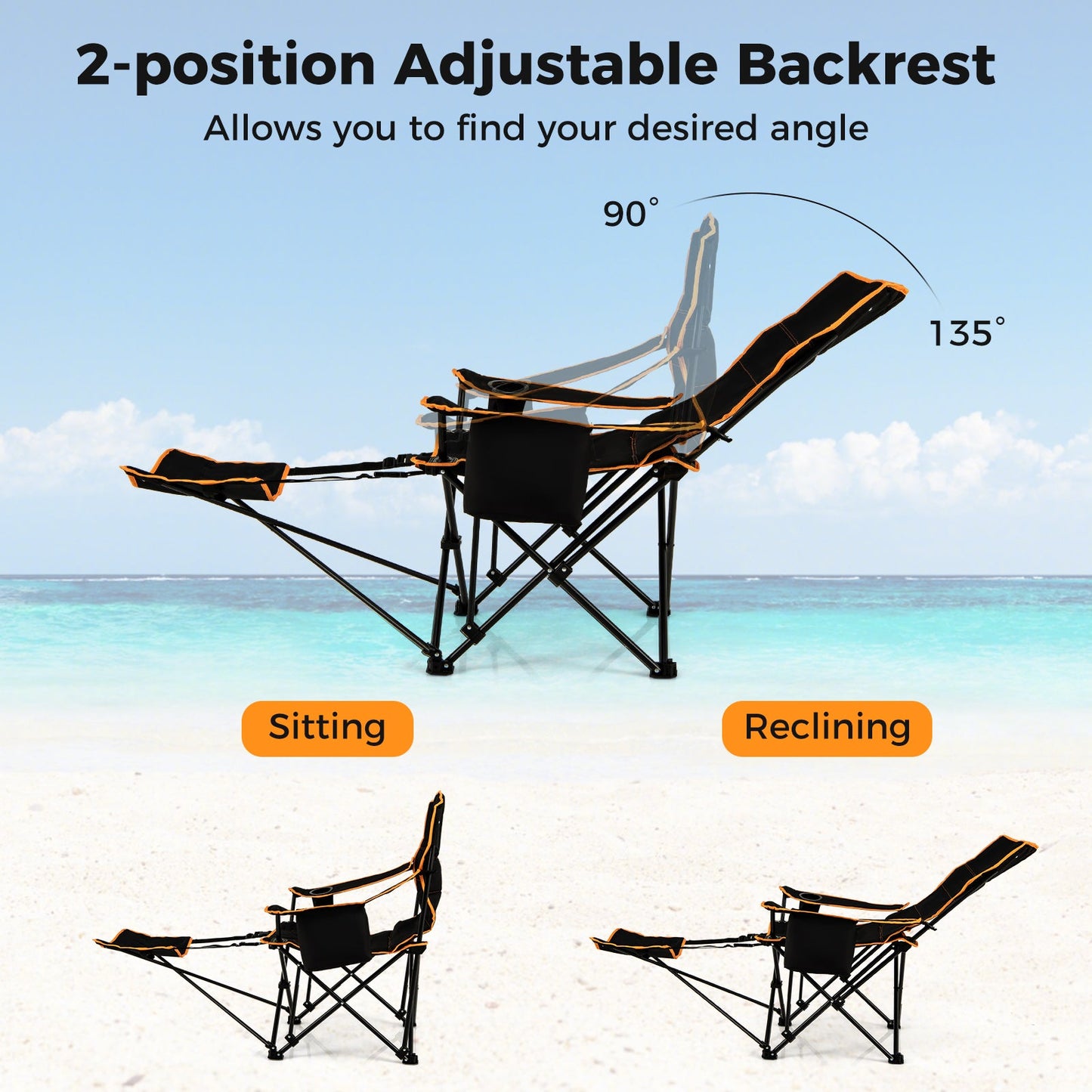 Sillón plegable de camping con reposapiés y bolsa de transporte (negro)