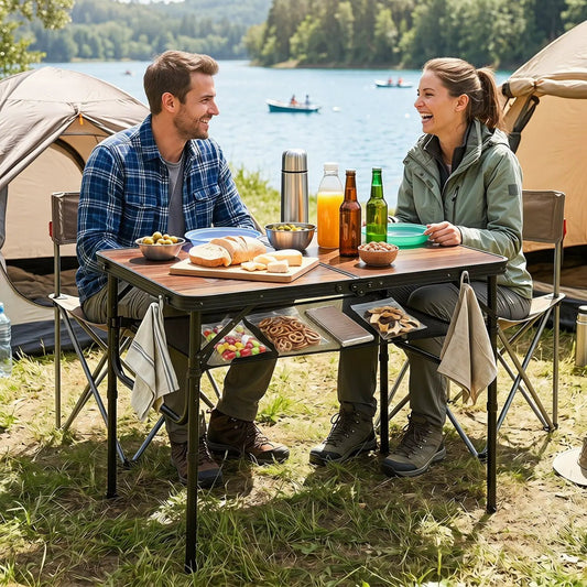 Folding camping table with adjustable heights, storage net & handle by DirectDeals woodgrain top on Tampa Home & Garden Store