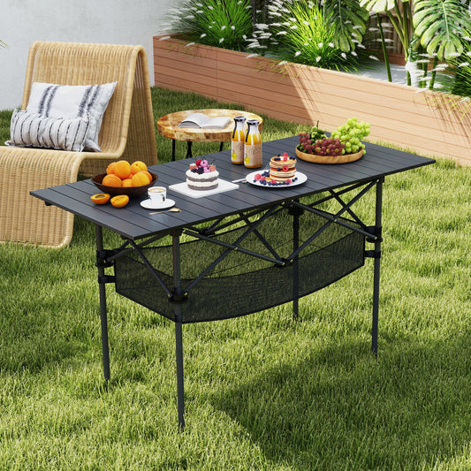 GemGear Patio Folding Camping Table with Roll-up Tabletop and Mesh Basket, black frame on Tampa Home & Garden Store