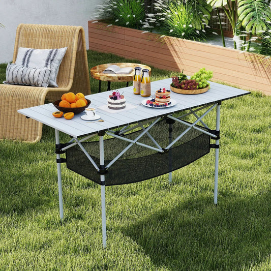 Patio Folding Camping Table with Roll-Up Tabletop gray slatted top and lower mesh storage shelf on Tampa Home & Garden Store