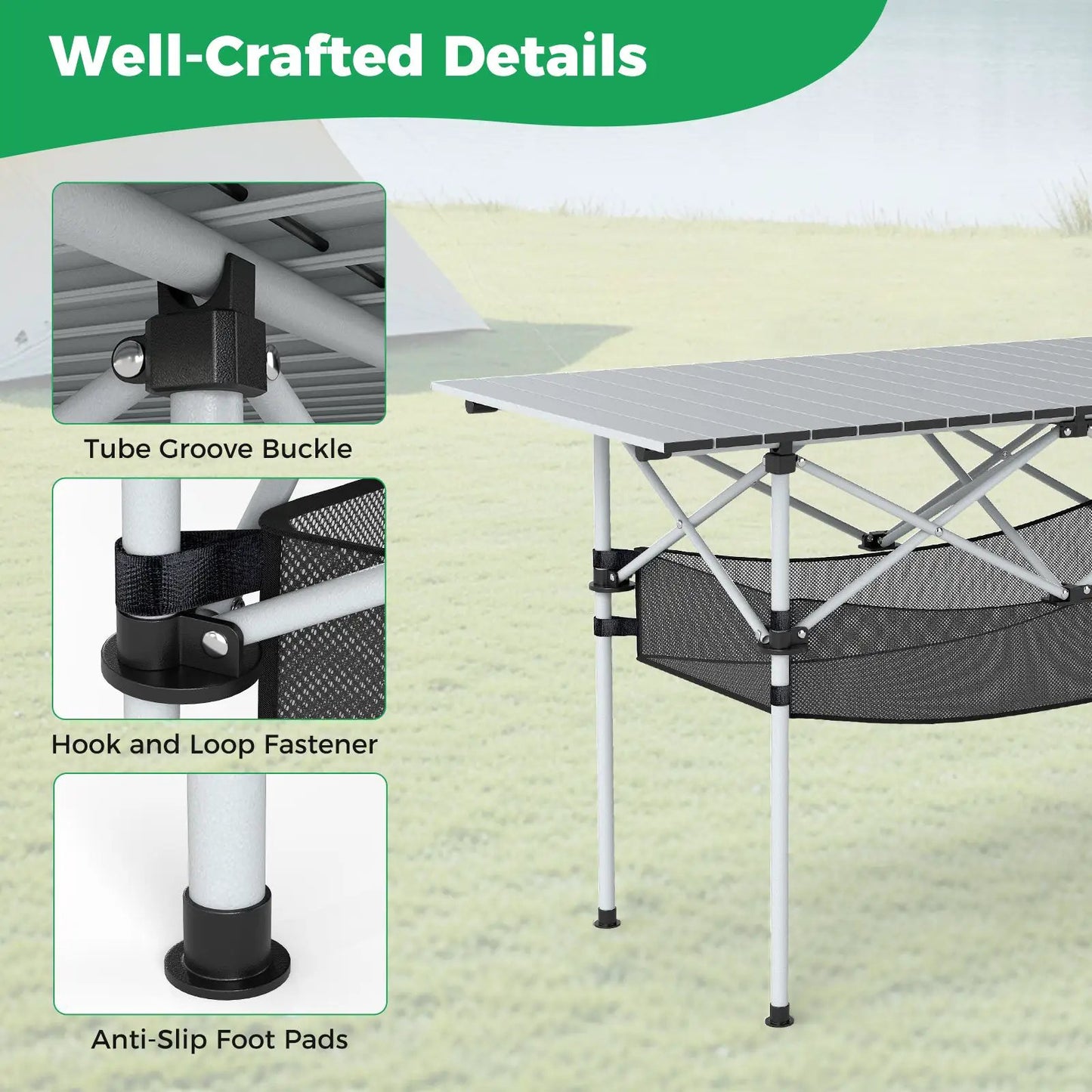 Patio Folding Camping Table with Roll-Up Tabletop and mesh storage basket on Tampa Home & Garden Store